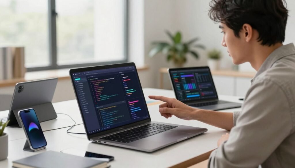 A modern developer's workspace showcasing the Cursor AI interface. In the foreground, a sleek, high-tech laptop is open, displaying a vibrant and user-friendly AI programming dashboard with multiple code snippets and visual analytics. To the side, a professional developer in smart casual attire is focused on the screen, using a gesture to interact with the interface. In the middle ground, various tech gadgets like a tablet and a smartphone, all connected to the workspace's ecosystem, hint at a seamless integration of tools. The background features a bright, airy office space with soft, diffused lighting pouring in from large windows, creating an inviting atmosphere. The overall mood is dynamic and innovative, emphasizing a future-ready environment for developers. A modern developer's workspace showcasing the Cursor AI interface. In the foreground, a sleek, high-tech laptop is open, displaying a vibrant and user-friendly AI programming dashboard with multiple code snippets and visual analytics. To the side, a professional developer in smart casual attire is focused on the screen, using a gesture to interact with the interface. In the middle ground, various tech gadgets like a tablet and a smartphone, all connected to the workspace's ecosystem, hint at a seamless integration of tools. The background features a bright, airy office space with soft, diffused lighting pouring in from large windows, creating an inviting atmosphere. The overall mood is dynamic and innovative, emphasizing a future-ready environment for developers.