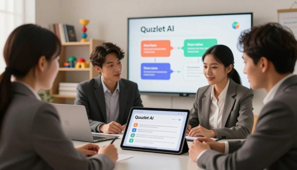 A modern digital classroom scene showcasing the innovative features of Quizlet AI in an engaging and informative manner. In the foreground, a diverse group of four professionals, dressed in smart business attire, are collaborating around a large tablet displaying interactive learning prompts from Quizlet AI. In the middle ground, a sleek whiteboard features visuals of pros and cons, such as vibrant graphics that represent key features and drawbacks. The background includes elements of a tech-savvy environment, with bookshelves and colorful educational tools. Soft, warm lighting creates an inviting atmosphere, while a slight depth of field blurs the background, drawing focus to the discussion. The overall mood is one of enthusiasm and collaboration, ideal for a review setting.