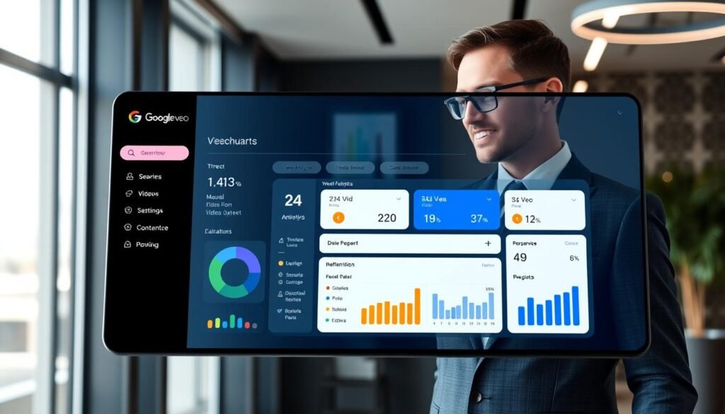 A modern digital interface of the Google Veo 3.1 dashboard, prominently displayed in the foreground with sleek aesthetic elements and vibrant colors. The dashboard showcases key features such as video analytics, user statistics, and intuitive navigation buttons. The middle layer highlights a user interacting with the dashboard, dressed in professional business attire, focused on the screen with a look of concentration. The background features a contemporary office setting with elegant lighting, creating a productive atmosphere. Utilize a wide-angle lens to capture the entire interface, maintaining a clear focus on both the dashboard and the user. The overall mood should feel innovative and user-friendly, emphasizing the cutting-edge technology of Google Veo 3.1. A modern digital interface of the Google Veo 3.1 dashboard, prominently displayed in the foreground with sleek aesthetic elements and vibrant colors. The dashboard showcases key features such as video analytics, user statistics, and intuitive navigation buttons. The middle layer highlights a user interacting with the dashboard, dressed in professional business attire, focused on the screen with a look of concentration. The background features a contemporary office setting with elegant lighting, creating a productive atmosphere. Utilize a wide-angle lens to capture the entire interface, maintaining a clear focus on both the dashboard and the user. The overall mood should feel innovative and user-friendly, emphasizing the cutting-edge technology of Google Veo 3.1.