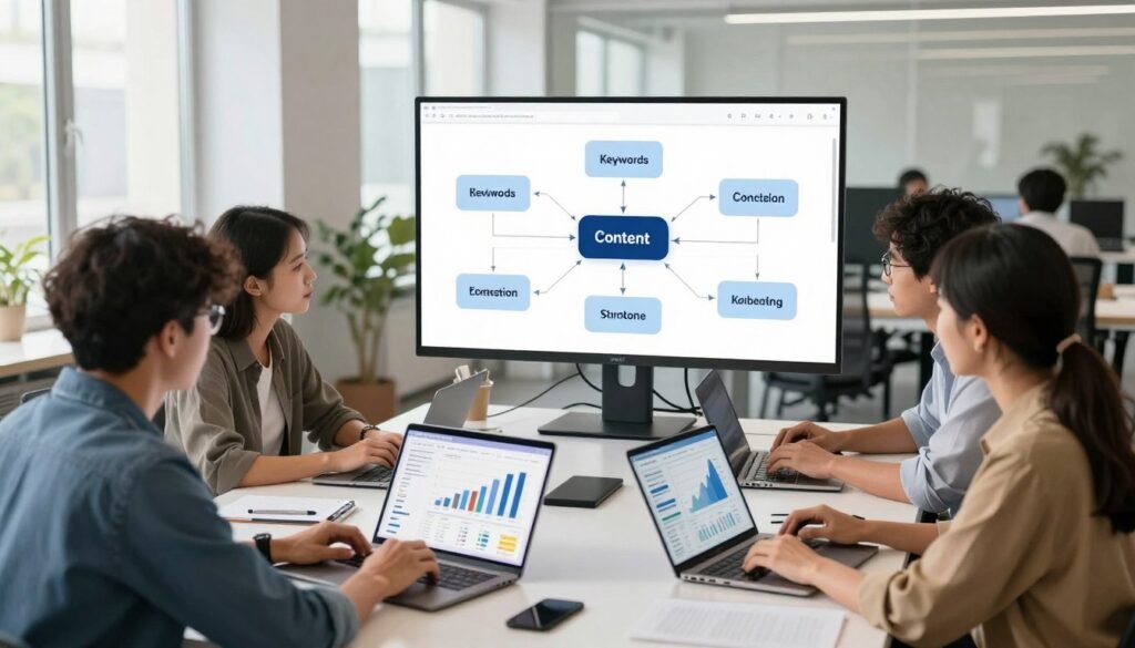 A modern digital workspace depicting the concept of Surfer SEO optimization. In the foreground, a diverse group of professionals in smart casual attire collaborates around a sleek, high-tech table, analyzing data on multiple laptops and tablets displaying graphs and SEO metrics. In the middle ground, a large digital screen shows a flowchart illustrating keywords, content structure, and optimization strategies. The background features a bright, airy office with large windows that let in natural light, providing a sense of openness and innovation. The mood is focused and collaborative, emphasizing creativity and strategic thinking. The lighting is bright yet soft, creating an inviting atmosphere conducive to productivity. The camera angle is slightly elevated, giving a comprehensive view of the workspace dynamics.