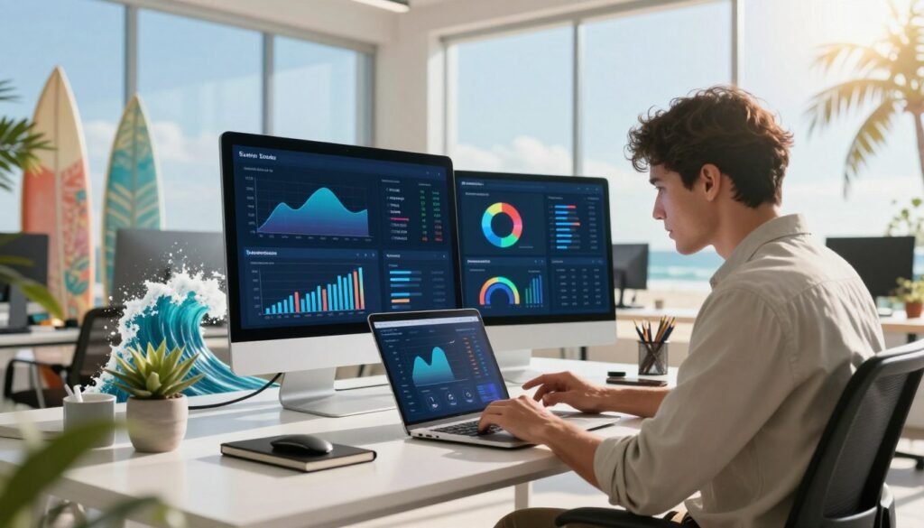 A modern digital workspace focused on SEO optimization, featuring a sleek, futuristic interface displaying charts, graphs, and performance metrics. In the foreground, a professional individual in smart casual attire attentively analyzes the data on a high-tech laptop, surrounded by holographic displays of keywords and website traffic stats. The middle ground showcases a vibrant mix of tropical elements like surfboards and ocean waves subtly integrated into the workspace, symbolizing the “surfer” theme. The background features a bright, airy office with large windows overlooking a sunny beachfront, creating a refreshing and motivating atmosphere. The lighting is bright, with soft sun rays illuminating the scene, evoking a sense of innovation and enthusiasm in the realm of SEO.