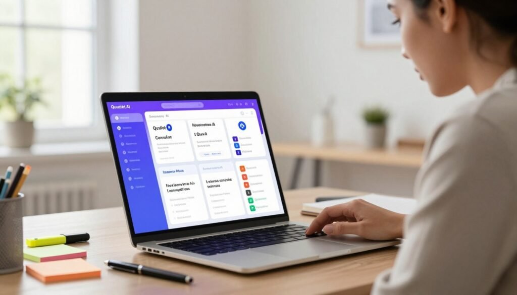 A modern digital workspace illustrating the features of Quizlet AI, positioned in the foreground. Include a sleek laptop displaying a vibrant user interface with various AI study tools like flashcards, quizzes, and personalized learning paths. Surround the laptop with organized stationery—colorful sticky notes, a highlighter, and a pen. In the middle ground, a professional-looking individual dressed in modest business attire is engaged in learning, focusing on the screen with a thoughtful expression. The background showcases a well-lit, minimalist home office with soft natural light streaming in through a window, creating a warm and inviting atmosphere. Use a shallow depth of field to draw the viewer's attention to the laptop screen and learning experience, evoking a sense of innovation and productivity.