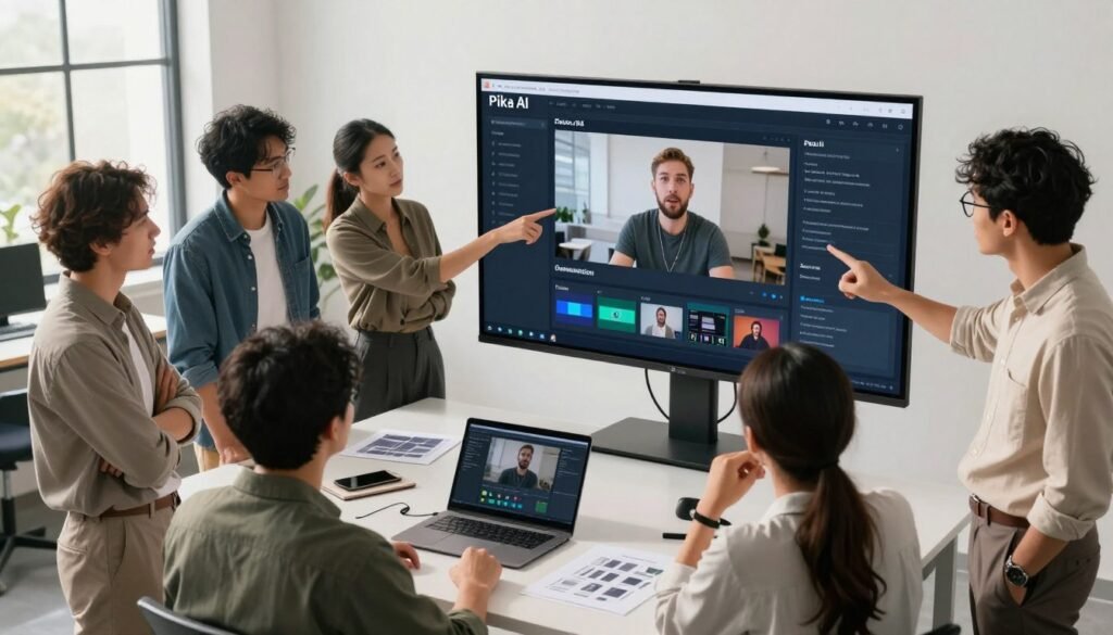 A modern, high-tech workspace featuring a large screen displaying the Pika AI interface, showcasing its video generation features. In the foreground, a diverse group of professionals in smart casual attire is engaged in discussion, pointing at the screen with expressions of intrigue and collaboration. The middle section includes a sleek desk with a laptop and design prototypes, subtly highlighting creative tools. The background features large windows letting in bright, natural light, casting a warm glow over the room. The atmosphere is dynamic and innovative, hinting at productivity and creativity, captured in a slightly elevated angle to emphasize the collaborative environment. The image should have soft shadows and a clean, minimalist aesthetic, reflecting a futuristic workspace dedicated to AI video generation.