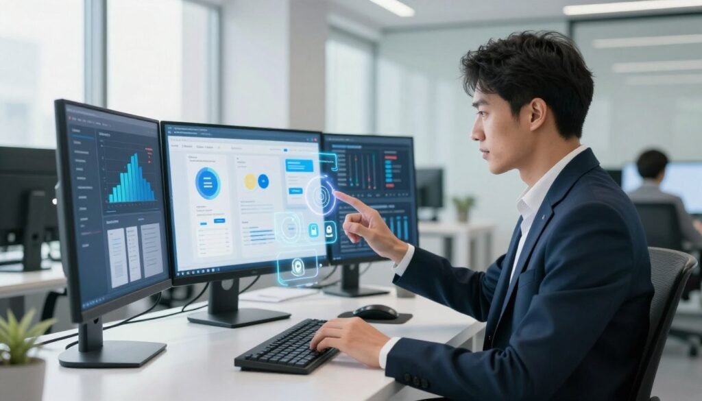 A modern, interactive AI interface displayed on a sleek, futuristic workstation. In the foreground, a professional, young adult in smart business attire is engaged with the AI, using hand gestures to interact with holographic icons and data points that float in the air. The middle ground showcases advanced digital screens filled with graphs and app designs, illustrating the best practices for app development. In the background, a well-lit, minimalistic office space with large windows allows soft natural light to flood in, creating a productive mood. The camera angle is slightly tilted from above to capture both the AI interface and the user interaction, emphasizing innovation and collaboration in technology. A modern, interactive AI interface displayed on a sleek, futuristic workstation. In the foreground, a professional, young adult in smart business attire is engaged with the AI, using hand gestures to interact with holographic icons and data points that float in the air. The middle ground showcases advanced digital screens filled with graphs and app designs, illustrating the best practices for app development. In the background, a well-lit, minimalistic office space with large windows allows soft natural light to flood in, creating a productive mood. The camera angle is slightly tilted from above to capture both the AI interface and the user interaction, emphasizing innovation and collaboration in technology.