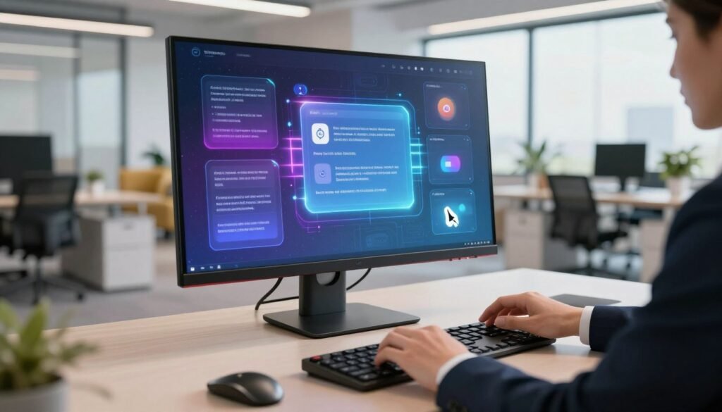 A modern office environment featuring a sleek desktop setup with advanced cursor AI technology displayed on a high-resolution monitor. In the foreground, a realistic human hands, dressed in professional business attire, are interacting with the technology, illustrating the predictive text features. The middle ground shows a glowing interface with dynamic, vivid elements such as text suggestions and icons representing various software integrations seamlessly merging around it. The background presents a vibrant, well-lit office space with stylish furniture and large windows letting in natural light, creating an inspiring atmosphere. Capture the scene with a slight depth of field, focusing on the technology while softly blurring the background, showcasing a sense of innovation and productivity. A modern office environment featuring a sleek desktop setup with advanced cursor AI technology displayed on a high-resolution monitor. In the foreground, a realistic human hands, dressed in professional business attire, are interacting with the technology, illustrating the predictive text features. The middle ground shows a glowing interface with dynamic, vivid elements such as text suggestions and icons representing various software integrations seamlessly merging around it. The background presents a vibrant, well-lit office space with stylish furniture and large windows letting in natural light, creating an inspiring atmosphere. Capture the scene with a slight depth of field, focusing on the technology while softly blurring the background, showcasing a sense of innovation and productivity.