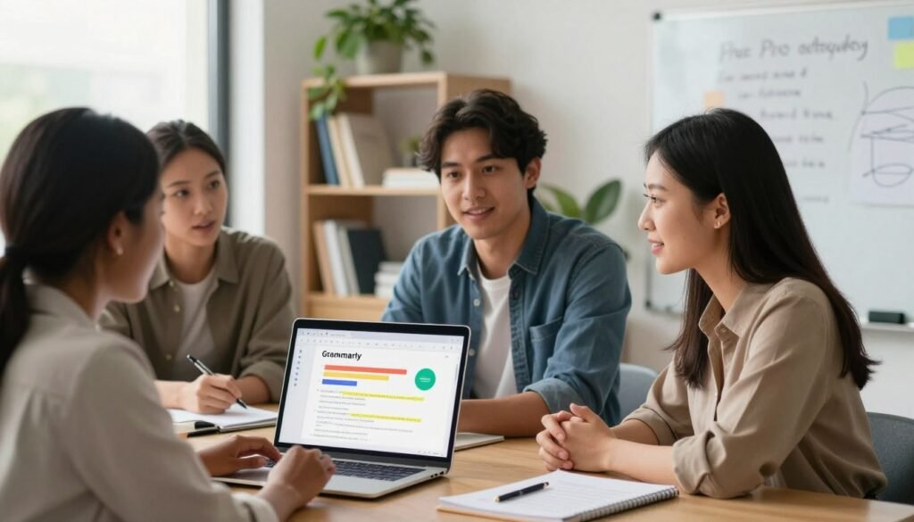 A modern office environment featuring a sleek laptop open to a Grammarly interface displaying colorful charts and highlighted text. In the foreground, a diverse group of three professionals—one Black woman, one Hispanic man, and one Asian woman—are engaged in a discussion, each dressed in business casual attire. They appear focused and enthusiastic, reflecting collaboration and productivity. Soft natural lighting filters through a large window, creating a bright and inviting atmosphere. In the background, shelves filled with books and plants enhance the workspace, while a whiteboard with hand-written notes hints at a brainstorming session. The overall mood conveys professionalism, positivity, and teamwork, ideal for exploring the pros and cons of Grammarly. A modern office environment featuring a sleek laptop open to a Grammarly interface displaying colorful charts and highlighted text. In the foreground, a diverse group of three professionals—one Black woman, one Hispanic man, and one Asian woman—are engaged in a discussion, each dressed in business casual attire. They appear focused and enthusiastic, reflecting collaboration and productivity. Soft natural lighting filters through a large window, creating a bright and inviting atmosphere. In the background, shelves filled with books and plants enhance the workspace, while a whiteboard with hand-written notes hints at a brainstorming session. The overall mood conveys professionalism, positivity, and teamwork, ideal for exploring the pros and cons of Grammarly.