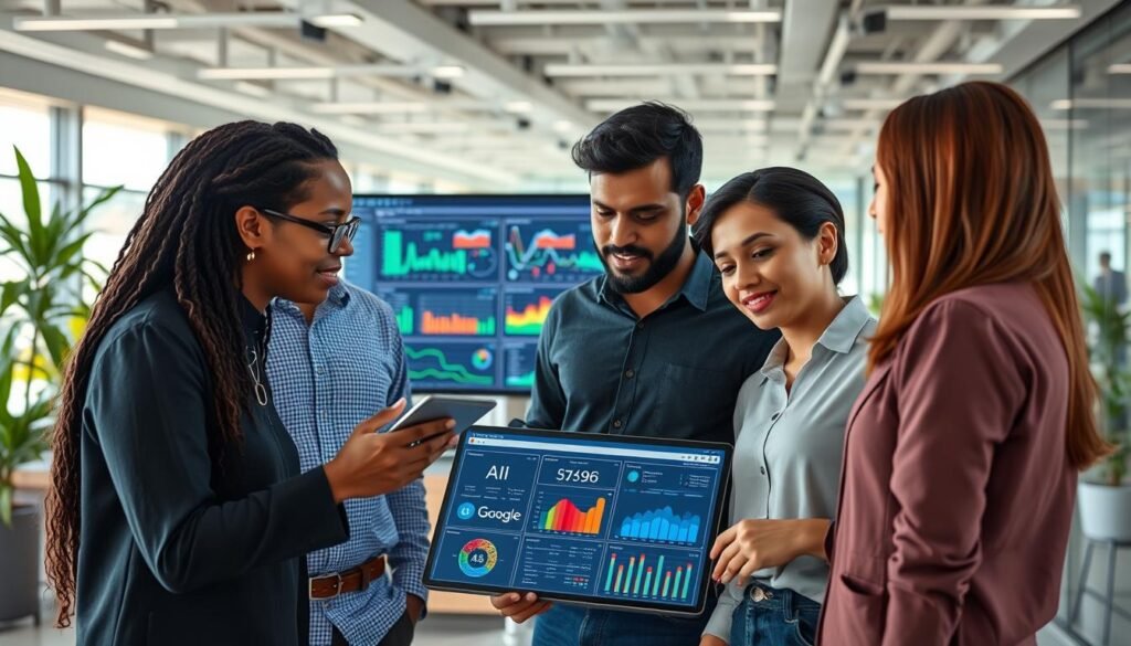 A modern office environment featuring diverse team members collaborating on a project using Google Cloud Platform and machine learning tools. In the foreground, a group of three professionals—one Black woman, one South Asian man, and one Hispanic woman—discussing ideas while looking at a digital tablet displaying analytics and AI graphs. In the middle, a large monitor showcases data flows and machine learning models being processed in real-time, with vibrant colors indicating various metrics. The background reveals a sleek, open workspace with plants and glass walls, flooded with natural light, creating a bright and innovative atmosphere. The scene captures the essence of teamwork and technological collaboration in a professional setting, emphasizing creativity and efficiency.