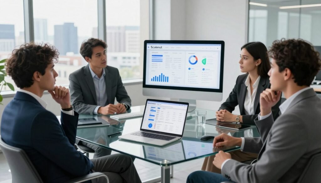 A modern office environment filled with sleek, minimalist furniture and technology, showcasing a large computer screen displaying analytics and insights about Scalenut's features. In the foreground, a diverse group of professional individuals in business attire are engaged in a discussion, with expressions of curiosity and contemplation. In the middle, an open laptop on a glass table displays Scalenut’s interface, complementing the focus on the discussion. The background features a large window with a view of a city skyline, allowing natural light to flood the space, creating a vibrant atmosphere. Soft shadows enhance the professional yet contemplative mood, and the angle captures the action from a slightly elevated perspective, emphasizing the group's interaction with the technology and each other.