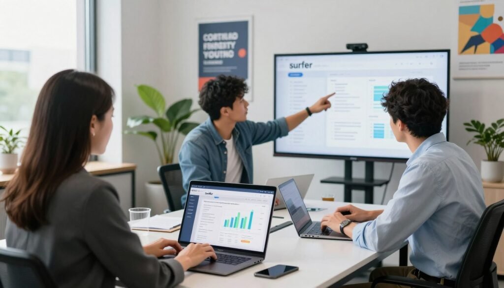 A modern office setting showing a diverse group of three professionals collaborating on Surfer SEO, seated around a sleek conference table. In the foreground, a well-dressed woman typing on a laptop displays the Surfer SEO interface filled with charts and data. The middle ground showcases a focused man pointing at a large screen featuring keyword analysis and content optimization strategies. In the background, motivational business posters and plants add a touch of vibrancy. The lighting is bright and natural, coming from large windows, creating an inviting and productive atmosphere. The angle captures the engagement and teamwork, emphasizing the educational aspect of using Surfer SEO effectively.