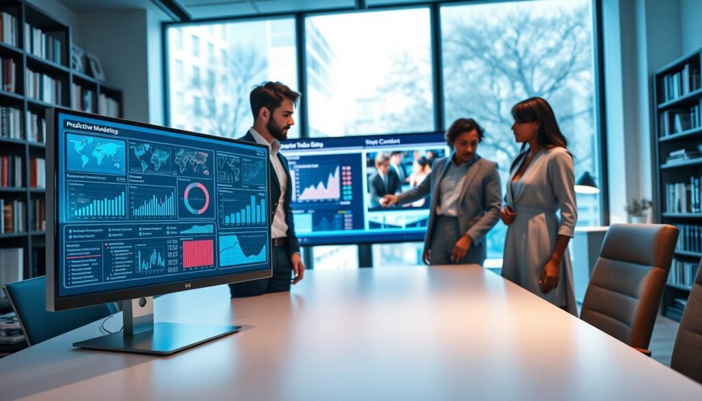 A modern office setting with a sleek, minimalistic desk in the foreground, featuring a high-resolution monitor displaying complex data visualizations, charts, and graphs related to video analysis. A diverse group of three professionals in business attire—one man in a tailored suit, one woman in a smart blouse and slacks, and another individual in a neat, stylish dress—are intently discussing the data. In the middle ground, a large digital screen showcases predictive modeling results for video content, illuminated by soft, cool lighting to create a focused atmosphere. The background shows bookshelves filled with literature on AI and technology, and large windows allowing natural light to filter in, enhancing the mood of innovation and collaboration. The perspective is slightly angled, emphasizing the teamwork and engagement in data-driven video creation.