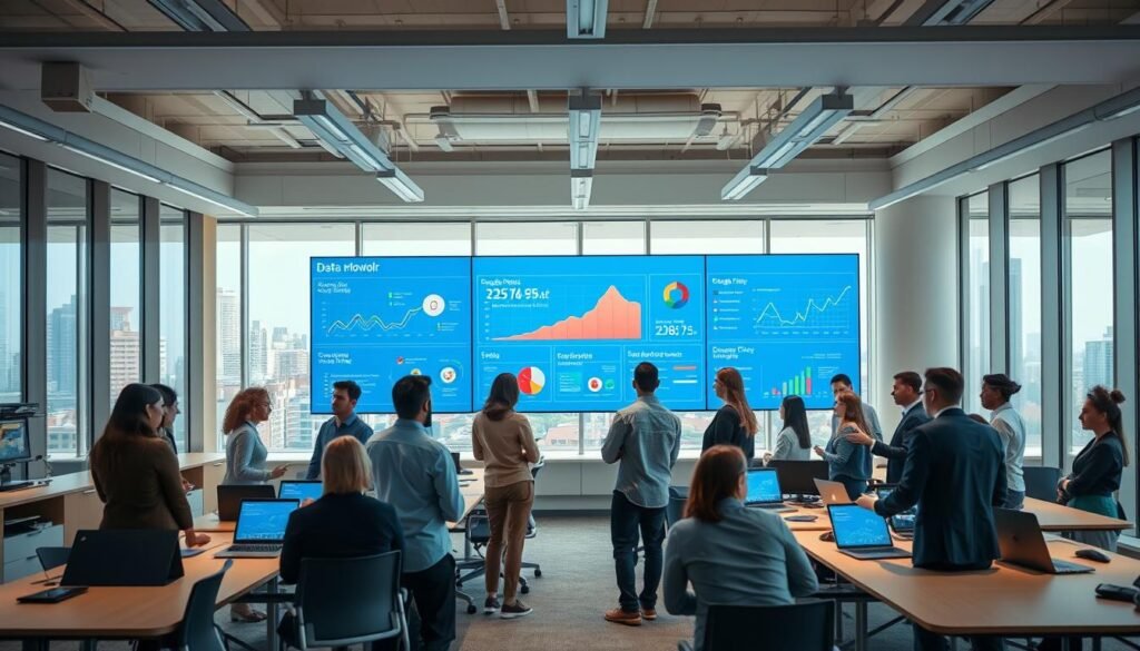 A modern office space showcasing the Google Cloud Platform, filled with sleek, high-tech equipment for data analysis. In the foreground, a diverse group of professionals in business attire is collaborating around a large digital screen displaying colorful data visualizations and AI metrics. The middle ground features open desks with laptops and cloud-related technologies, while the background has windows revealing a vibrant cityscape, symbolizing innovation. Soft, diffused lighting highlights the workspace, creating a bright and engaging atmosphere. The angle captures both the teamwork and the advanced technology, emphasizing the cutting-edge nature of Google Flow AI and data analytics in a professional setting.