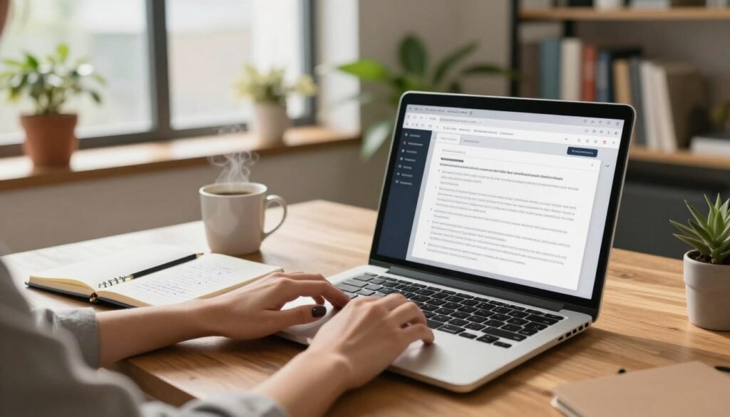 A modern office workspace dedicated to blog and content writing. In the foreground, a stylish laptop is open on a wooden desk, displaying an engaging article interface. A hand with polished nail designs types on the keyboard, exuding professionalism. In the middle ground, a notebook filled with handwritten notes and a mug of steaming coffee sit next to the laptop, symbolizing creativity and focus. The background features a large window with natural light streaming in, illuminating the room and casting a warm glow. Potted plants are placed strategically to add a touch of greenery, while shelves filled with books emphasize knowledge and expertise. The overall mood is productive and inspiring, perfect for a content writing environment, captured with a soft focus lens to give a harmonious depth.