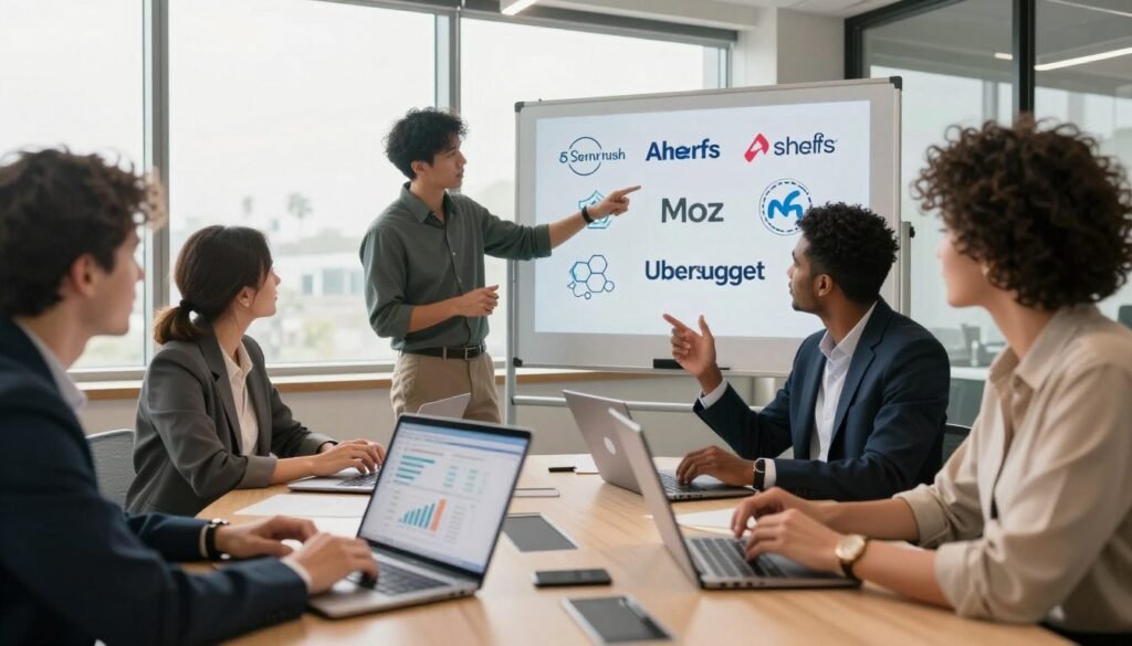 A modern office workspace featuring a diverse group of four professionals engaged in a brainstorming session about digital marketing tools. The foreground showcases a sleek conference table with laptops open, displaying graphs and analytics. In the middle ground, one individual points to a digital whiteboard illustrating various logos of Semrush alternatives like Ahrefs, Moz, and Ubersuggest, symbolizing competition and collaboration. The background features large windows allowing natural light to flood the room, creating a bright and inviting atmosphere. The professionals, dressed in business attire, are focused and discussing enthusiastically, with expressions of determination and creativity. The lighting is warm and soft, emphasizing a productive and innovative mood. The image should be captured from a slightly elevated angle to provide a comprehensive view of the interaction.