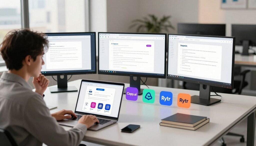 A modern office workspace featuring a sleek, minimalist desk with multiple computer screens displaying user interfaces of various AI writing tools, symbolizing alternatives to Jasper AI. In the foreground, a professional-looking individual wearing business attire is engaged in deep thought, analyzing options on a laptop. The middle ground features a well-organized table with colorful icons representing different AI alternatives like Copy.ai, Writesonic, and Rytr, each illustrated in a visually appealing way. In the background, cityscape windows allow natural light to flood the room, creating a productive and inspiring atmosphere. Soft, warm lighting enhances the inviting mood, with slight reflections on the screens showing snippets of text, while maintaining a clean and focused aesthetic. A modern office workspace featuring a sleek, minimalist desk with multiple computer screens displaying user interfaces of various AI writing tools, symbolizing alternatives to Jasper AI. In the foreground, a professional-looking individual wearing business attire is engaged in deep thought, analyzing options on a laptop. The middle ground features a well-organized table with colorful icons representing different AI alternatives like Copy.ai, Writesonic, and Rytr, each illustrated in a visually appealing way. In the background, cityscape windows allow natural light to flood the room, creating a productive and inspiring atmosphere. Soft, warm lighting enhances the inviting mood, with slight reflections on the screens showing snippets of text, while maintaining a clean and focused aesthetic.