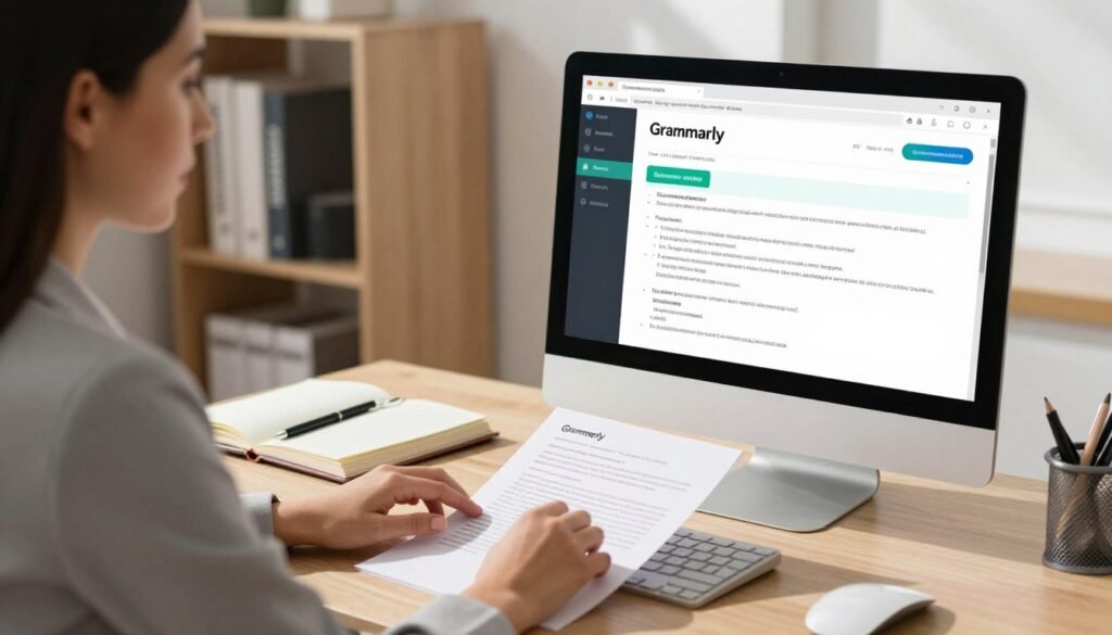A modern office workspace, focusing on a sleek desktop computer displaying a colorful Grammarly interface with grammatical corrections highlighted. In the foreground, a professional woman in business attire is thoughtfully reviewing a document, her fingers poised over the keyboard, symbolizing productivity and efficiency. The middle layer features an open notebook and a sleek pen beside the laptop, suggesting organization and planning. In the background, soft focus on a bookshelf filled with business books and a motivational poster, enhancing the atmosphere of professionalism and growth. Bright, natural lighting enters through a window, casting soft shadows and creating a warm, inviting ambiance. The overall mood conveys focus, determination, and clarity, making it perfect for exploring the worthiness of Grammarly in 2026. A modern office workspace, focusing on a sleek desktop computer displaying a colorful Grammarly interface with grammatical corrections highlighted. In the foreground, a professional woman in business attire is thoughtfully reviewing a document, her fingers poised over the keyboard, symbolizing productivity and efficiency. The middle layer features an open notebook and a sleek pen beside the laptop, suggesting organization and planning. In the background, soft focus on a bookshelf filled with business books and a motivational poster, enhancing the atmosphere of professionalism and growth. Bright, natural lighting enters through a window, casting soft shadows and creating a warm, inviting ambiance. The overall mood conveys focus, determination, and clarity, making it perfect for exploring the worthiness of Grammarly in 2026.