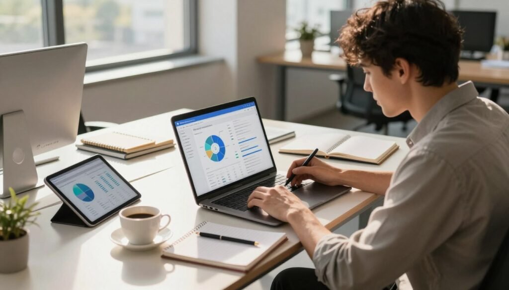 A modern office workspace showcasing the functionality of Scalenut AI content creation. In the foreground, a professional-looking individual in business attire, intently working on a sleek laptop, analyzing data and writing content. In the middle, an elegant desk cluttered with notebooks, a digital tablet displaying charts, and a cup of coffee, symbolizing creativity and productivity. The background features large windows with natural light streaming in, illuminating a high-tech ambiance with soft shadows. The atmosphere is focused and innovative, reflecting the essence of efficient content generation and collaboration. Use warm lighting to create an inviting, productive mood, shot at a slight angle to give depth to the scene.