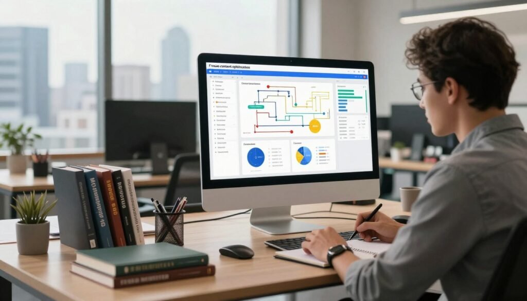A modern office workspace with a sleek, high-tech feel, featuring a large computer screen displaying complex flowcharts and analytics related to "Frase content optimization." In the foreground, a focused business professional in smart casual attire analyzes data, jotting down notes. The middle of the image highlights an organized desk with books about digital marketing and SEO tools. In the background, a large window reveals a city skyline, bathed in warm, natural light, enhancing the atmosphere of productivity and innovation. The overall mood is dynamic and industrious, showcasing a blend of technology and strategic planning in digital content creation. The image captures the essence of using advanced tools to optimize content effectively.