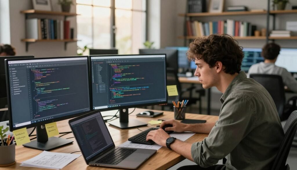 A modern, open workspace filled with laptops and monitors, showcasing a central figure, a professional in smart casual clothing, deeply engaged in troubleshooting a coding platform. In the foreground, the individual is seen closely examining lines of code on a large screen, focused and determined. Around them, various sticky notes with coding problems and flowcharts are scattered on a wooden desk. The middle layer includes additional monitors displaying graphs and terminal windows, partly reflecting frustration and potential solutions. In the background, an inspiring environment with shelves filled with tech books and a large window letting in warm, soft natural light creates a tech-savvy atmosphere, indicative of innovation and problem-solving. The overall mood is one of concentration and resourcefulness in a contemporary tech setting. A modern, open workspace filled with laptops and monitors, showcasing a central figure, a professional in smart casual clothing, deeply engaged in troubleshooting a coding platform. In the foreground, the individual is seen closely examining lines of code on a large screen, focused and determined. Around them, various sticky notes with coding problems and flowcharts are scattered on a wooden desk. The middle layer includes additional monitors displaying graphs and terminal windows, partly reflecting frustration and potential solutions. In the background, an inspiring environment with shelves filled with tech books and a large window letting in warm, soft natural light creates a tech-savvy atmosphere, indicative of innovation and problem-solving. The overall mood is one of concentration and resourcefulness in a contemporary tech setting.