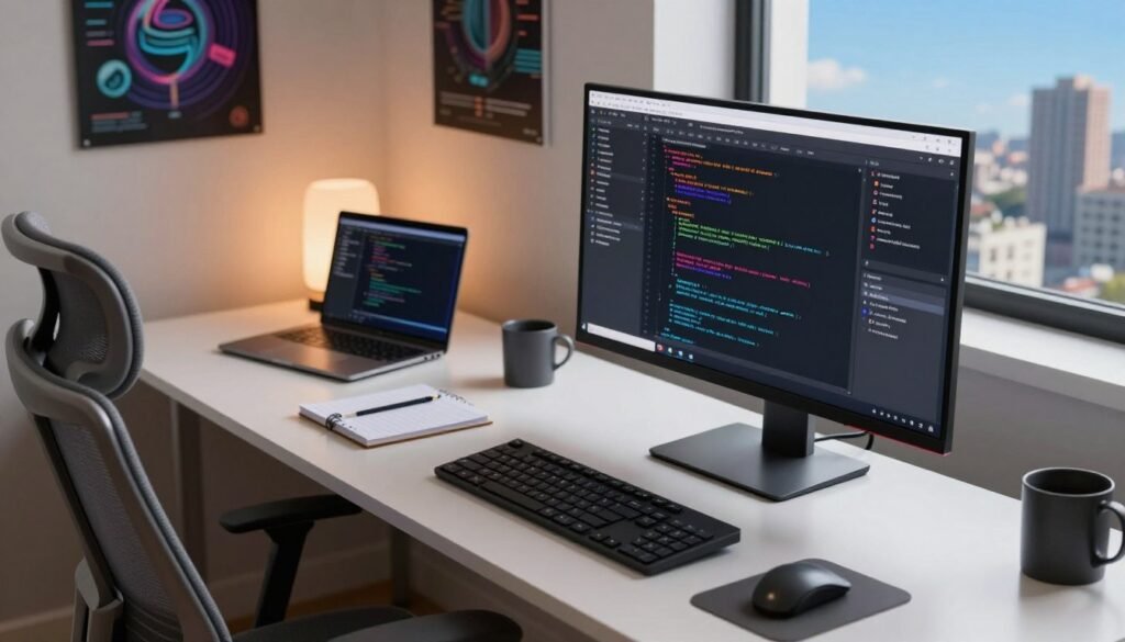 A modern programming environment, showcasing a sleek desk setup. In the foreground, a high-resolution monitor displays lines of code, with colorful syntax highlighting and an open programming interface like Replit. A comfortable ergonomic chair is placed beside the desk. In the middle ground, a well-organized workspace includes a laptop, notepads, and a coffee mug, reflecting a productive atmosphere. The background features soft ambient lighting with a creative, tech-inspired wall poster and a window revealing a cityscape under a clear blue sky. The mood is focused yet inviting, ideal for programming and collaboration. The scene is captured with a slight overhead angle, emphasizing the workspace without any text or branding. A modern programming environment, showcasing a sleek desk setup. In the foreground, a high-resolution monitor displays lines of code, with colorful syntax highlighting and an open programming interface like Replit. A comfortable ergonomic chair is placed beside the desk. In the middle ground, a well-organized workspace includes a laptop, notepads, and a coffee mug, reflecting a productive atmosphere. The background features soft ambient lighting with a creative, tech-inspired wall poster and a window revealing a cityscape under a clear blue sky. The mood is focused yet inviting, ideal for programming and collaboration. The scene is captured with a slight overhead angle, emphasizing the workspace without any text or branding.