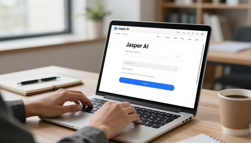 A modern, sleek digital workspace showcasing a laptop open to the Jasper AI platform's account creation page, prominently featuring a clean and user-friendly interface. In the foreground, a pair of hands, dressed in professional business attire, are poised on the keyboard, indicating active engagement. The middle ground displays a stylish desk with a notepad, pen, and a coffee cup, emphasizing productivity. In the background, soft-focus elements of a contemporary office environment, such as bookshelves and a large window letting in natural light, convey a professional atmosphere. The lighting is bright and inviting, creating an optimistic mood that reflects the ease of starting with Jasper AI. The composition should be shot from a slight angle to provide depth, showcasing a blend of technology and professionalism without any text or overlays. A modern, sleek digital workspace showcasing a laptop open to the Jasper AI platform's account creation page, prominently featuring a clean and user-friendly interface. In the foreground, a pair of hands, dressed in professional business attire, are poised on the keyboard, indicating active engagement. The middle ground displays a stylish desk with a notepad, pen, and a coffee cup, emphasizing productivity. In the background, soft-focus elements of a contemporary office environment, such as bookshelves and a large window letting in natural light, convey a professional atmosphere. The lighting is bright and inviting, creating an optimistic mood that reflects the ease of starting with Jasper AI. The composition should be shot from a slight angle to provide depth, showcasing a blend of technology and professionalism without any text or overlays.