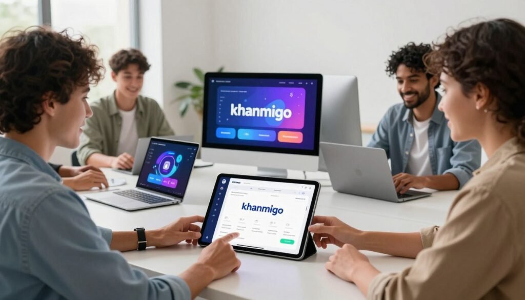 A modern, sleek digital workspace showcasing the innovative features of Khanmigo, depicted in a bright and inviting atmosphere. In the foreground, a diverse group of professionals dressed in smart casual clothing engages with a tablet displaying the Khanmigo interface, emphasizing user-friendly design and functionality. In the middle ground, various high-tech gadgets and digital tools illustrate Khanmigo’s features, such as interactive learning modules and AI assistance, each depicted with vibrant, engaging visuals. The background features large windows with ambient natural light streaming in, creating an energetic yet professional setting. The overall mood is dynamic and collaborative, highlighting the cutting-edge technology of Khanmigo in a relatable workplace environment.