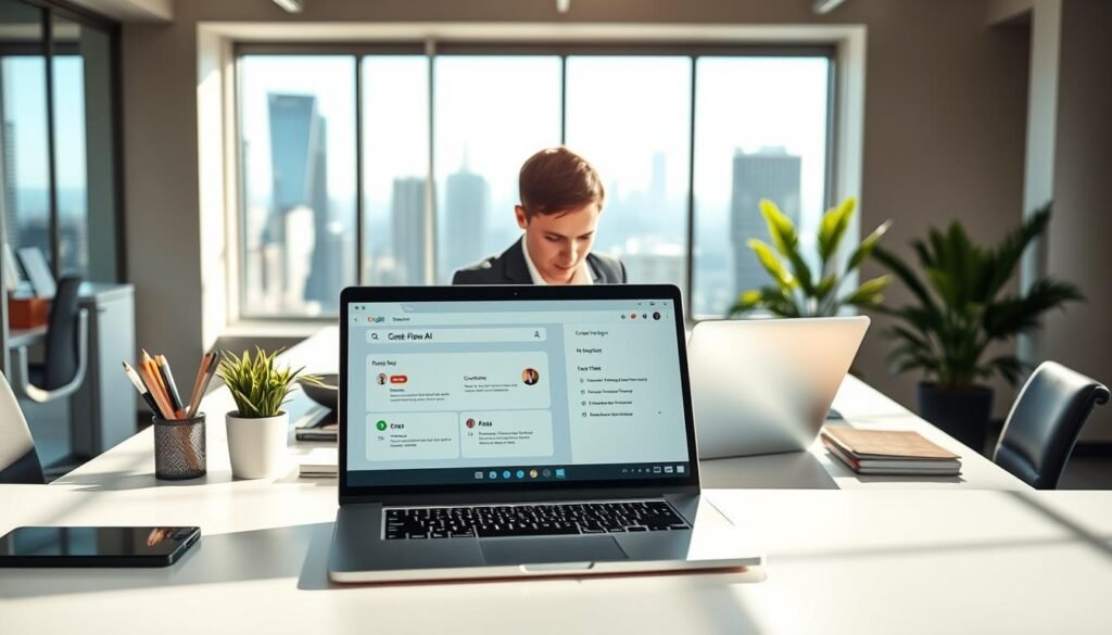 A modern, sleek interface of Google Flow AI displayed on a high-resolution laptop screen, nestled on a minimalist desk in a well-lit office environment. In the foreground, a person in professional business attire, focused and engaged, interacts with the AI software, showcasing its user-friendly design. The middle ground features neatly organized office supplies and a vibrant plant, adding a touch of greenery. In the background, a large window lets in natural light, illuminating the workspace while offering a panoramic cityscape view. The scene conveys a sense of innovation and productivity, reflecting advanced technology and a welcoming atmosphere, with soft shadows and warm lighting enhancing the overall mood.