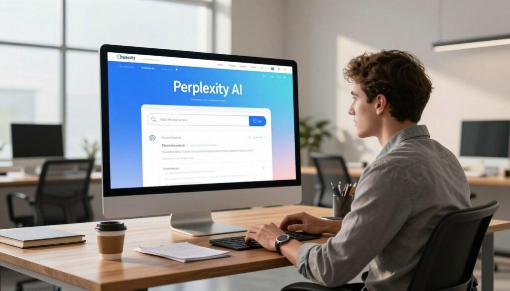 A modern, sleek office environment featuring a digital screen displaying the Perplexity AI search engine interface. In the foreground, a professional dressed in smart casual attire studies the screen with curiosity, framed by a bright, inviting workspace. The middle ground showcases a stylish wooden desk with a high-tech laptop, notes, and a coffee cup to emphasize productivity. In the background, large windows let in natural light, creating a warm and focused atmosphere. Soft shadows enhance the depth of the space, while a gentle gradient in the room reflects a sense of innovative technology. The overall mood is one of exploration and learning, encapsulating the essence of utilizing AI for search and information retrieval.