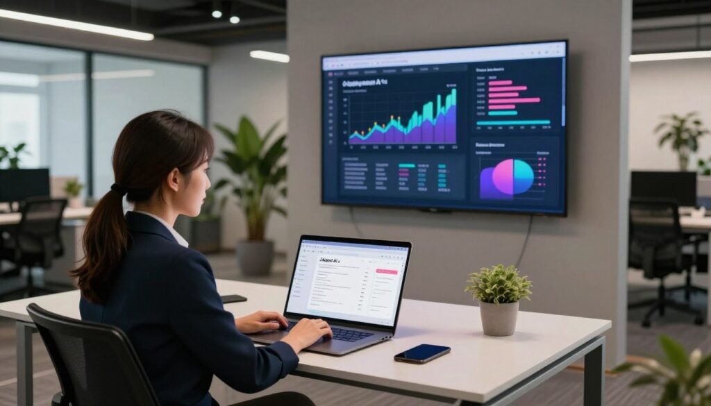 A modern, sleek office environment showcasing Jasper AI in use. In the foreground, a professional business person (a woman of Asian descent) sitting at a contemporary desk, intently watching the Jasper AI interface on their laptop, which displays interactive AI-generated content. In the middle ground, a large digital screen on the wall, showing vibrant, colorful graphs and features of Jasper AI. The background is an open office space with plants and large windows letting in natural light, creating an inviting and productive atmosphere. Soft, ambient lighting enhances the mood of innovation and exploration. The scene should be captured from a slightly elevated angle, emphasizing the user’s engagement with the technology. A modern, sleek office environment showcasing Jasper AI in use. In the foreground, a professional business person (a woman of Asian descent) sitting at a contemporary desk, intently watching the Jasper AI interface on their laptop, which displays interactive AI-generated content. In the middle ground, a large digital screen on the wall, showing vibrant, colorful graphs and features of Jasper AI. The background is an open office space with plants and large windows letting in natural light, creating an inviting and productive atmosphere. Soft, ambient lighting enhances the mood of innovation and exploration. The scene should be captured from a slightly elevated angle, emphasizing the user’s engagement with the technology.
