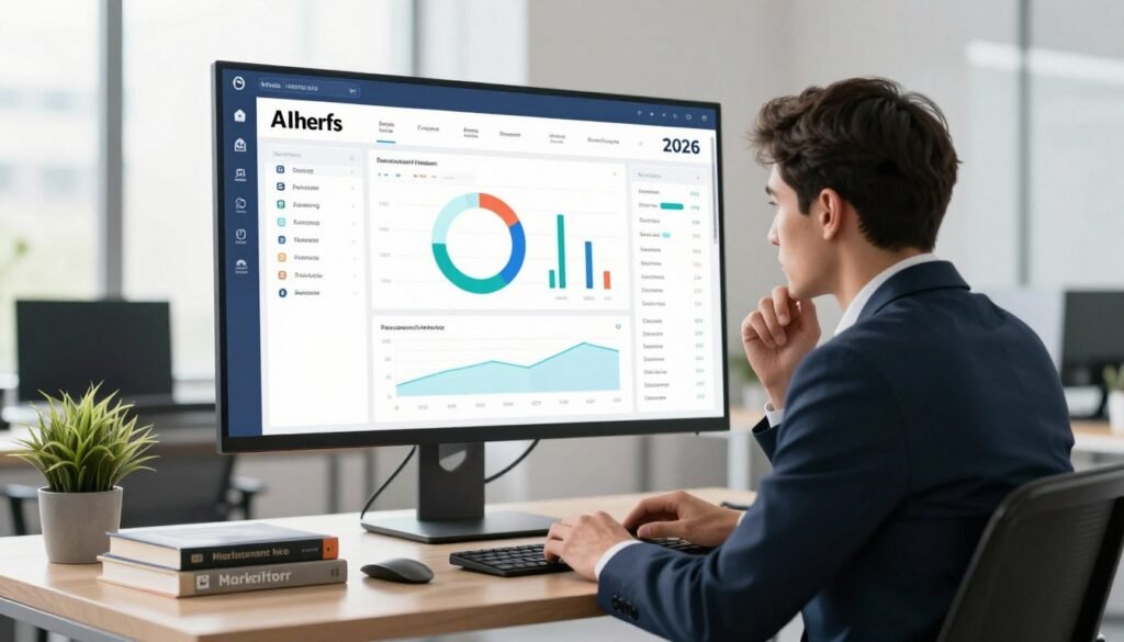 A modern, sleek office environment showcasing a large, digital screen displaying the Ahrefs dashboard, with clear analytics and graphs. In the foreground, a focus on a professional individual, a male in his 30s, dressed in a smart business suit, thoughtfully analyzing the screen. The middle ground features a stylish desk with a laptop, some digital marketing books, and an unobtrusive plant, adding a touch of warmth. In the background, soft natural light filters through large windows, creating a bright and inviting atmosphere. The mood is one of productivity and insight as the individual contemplates the value of Ahrefs for their marketing strategy in 2026. The image captures the essence of making informed business decisions with clarity and focus. A modern, sleek office environment showcasing a large, digital screen displaying the Ahrefs dashboard, with clear analytics and graphs. In the foreground, a focus on a professional individual, a male in his 30s, dressed in a smart business suit, thoughtfully analyzing the screen. The middle ground features a stylish desk with a laptop, some digital marketing books, and an unobtrusive plant, adding a touch of warmth. In the background, soft natural light filters through large windows, creating a bright and inviting atmosphere. The mood is one of productivity and insight as the individual contemplates the value of Ahrefs for their marketing strategy in 2026. The image captures the essence of making informed business decisions with clarity and focus.