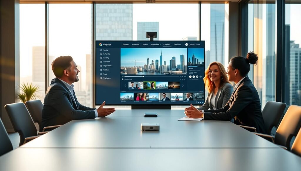 A modern, sleek office environment with a large conference table in the foreground, where a diverse group of three professionals—two men and one woman—are engaged in a lively discussion. They are dressed in smart business attire, emphasizing teamwork and collaboration. In the middle ground, a large screen displays the Google Veo 3.1 interface, featuring intuitive navigation menus and video editing tools. The background features a glass wall showcasing a city skyline, with natural light streaming through, creating a warm and inviting atmosphere. The focus should be on the dynamic interaction among the team members, capturing the essence of productive collaboration. Use soft, diffused lighting to enhance the professional mood and include a slight lens flare effect for a modern touch. A modern, sleek office environment with a large conference table in the foreground, where a diverse group of three professionals—two men and one woman—are engaged in a lively discussion. They are dressed in smart business attire, emphasizing teamwork and collaboration. In the middle ground, a large screen displays the Google Veo 3.1 interface, featuring intuitive navigation menus and video editing tools. The background features a glass wall showcasing a city skyline, with natural light streaming through, creating a warm and inviting atmosphere. The focus should be on the dynamic interaction among the team members, capturing the essence of productive collaboration. Use soft, diffused lighting to enhance the professional mood and include a slight lens flare effect for a modern touch.