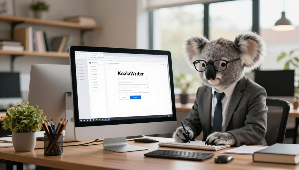 A modern, sleek workspace featuring a stylish desktop with a computer screen displaying the KoalaWriter interface, focused on its innovative features. In the foreground, an anthropomorphic koala in professional attire, such as a blazer and glasses, appears engaged in writing, symbolizing productivity and creativity. The middle ground includes a cozy office setting with bookshelves filled with writing-related materials and a potted plant hinting at a relaxed atmosphere. The background showcases large windows letting in warm, natural light, enhancing the inviting mood. Use a soft focus effect on the background with a slight bokeh to emphasize the koala and the computer screen, capturing a blend of professionalism and creativity in the image.