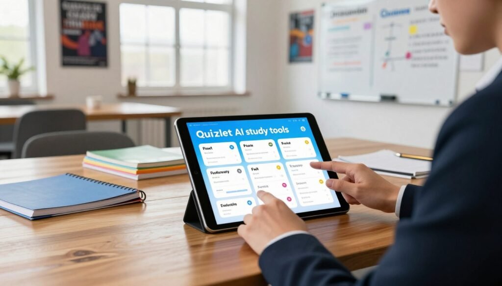 A modern study environment showcasing "Quizlet AI study tools." In the foreground, a professional individual, dressed in smart business attire, interacts with a sleek tablet displaying a vibrant interface of the Quizlet AI platform, featuring flashcards and study metrics. In the middle, a polished wooden desk with study materials, such as notebooks and colorful textbooks, suggests an organized study space. In the background, a well-lit room with large windows allowing natural light to stream in, illuminating motivational posters and a whiteboard filled with study notes, creating an atmosphere of focus and productivity. The overall mood conveys determination and innovation, highlighting the effectiveness of AI in learning. Use a 35mm lens to create a soft depth of field.
