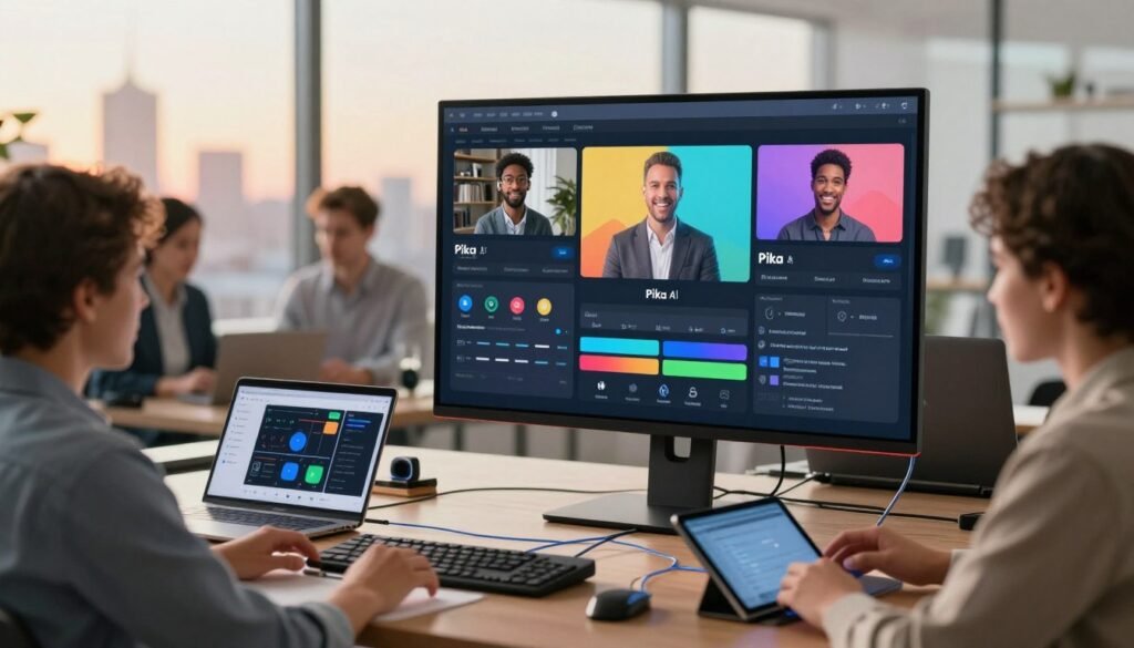 A modern virtual assistant interface displayed on a sleek, high-resolution monitor, showcasing various video production tools and automation features. In the foreground, a diverse group of professionals in smart business attire collaborates, engaging with the technology. The middle ground features a dynamic workspace with laptops, tablets, and smart devices, all connected through digital network lines symbolizing integration. In the background, soft-focus lighting creates a warm, inviting atmosphere, while large windows reveal a city skyline bathed in sunrise light. This image conveys innovation and collaboration in video production, highlighting the seamless integration of Pika AI with other tools, depicted through vibrant colors and a clean, tech-savvy aesthetic.