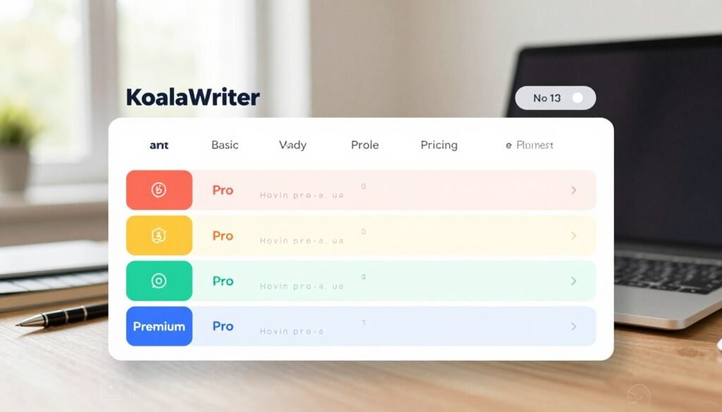 A modern, visually appealing pricing table for "KoalaWriter," set in a clean and professional environment. In the foreground, include a stylish pricing chart with various subscription tiers, each represented by distinct colors and icons, showcasing features like "Basic," "Pro," and "Premium." The middle ground features subtle graphical elements representing writing tools, such as a pen and keyboard, symbolizing creativity and productivity. In the background, a softly blurred home office setting with natural light filtering through a window, creating a welcoming and focused atmosphere. The scene conveys a sense of clarity and motivation, ideal for users looking into pricing options for writing software. Utilize a warm color palette to emphasize friendliness and professionalism.