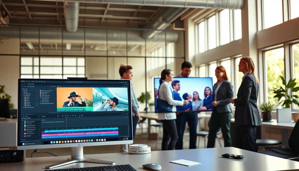 A modern, visually appealing workspace showcasing the Luma Dream Machine video workflow in action. In the foreground, a sleek computer setup displays the Luma AI interface, with vibrant visuals of video editing timelines and AI-assisted features. In the middle ground, a diverse group of professionals in business attire collaborates around a digital screen, discussing editing strategies and showcasing clips from their project. The background features a spacious, well-lit office with large windows letting in natural light, reflecting a creative and productive environment. The atmosphere should feel dynamic and innovative, highlighting technology's role in video workflows. Capture this scene with soft, natural lighting and a wide-angle lens to emphasize the collaborative spirit.