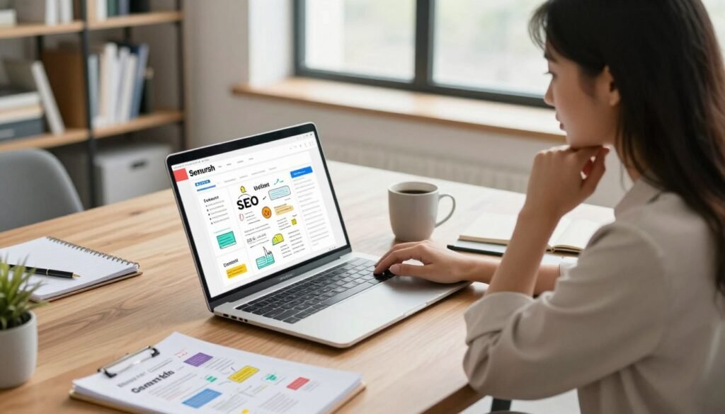 A modern, well-organized workspace showcasing content writing in action, featuring a sleek laptop open to a Semrush dashboard on a wooden desk. In the foreground, a professional woman in business casual attire types thoughtfully, surrounded by notes and a coffee mug. In the middle ground, a notepad filled with brainstorming ideas and keywords related to SEO and content strategy. The background displays a bright, airy office with large windows letting in natural light, and a bookshelf filled with marketing books. Soft, diffused lighting creates a productive and inspiring atmosphere, emphasizing a sense of focus and creativity. The angle captures the workspace from a slightly elevated perspective, providing depth to the scene.