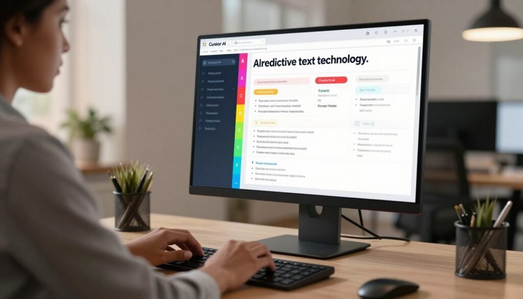 A modern workspace featuring a computer screen displaying an innovative interface of "Cursor AI predictive text technology." In the foreground, a pair of hands of a diverse professional user, wearing smart casual attire, is typing on a sleek keyboard, showcasing the hands actively engaged with the technology. The middle ground features a bright, visually appealing display of predictive text suggestions, highlighted in vivid colors to emanate a sense of efficiency and creativity. The background is a softly blurred office environment, with minimalistic decor and warm ambient lighting, creating a productive atmosphere. A sense of focus and innovation fills the air, with the lighting reflecting off the screen, emphasizing the cutting-edge nature of this AI technology. A modern workspace featuring a computer screen displaying an innovative interface of "Cursor AI predictive text technology." In the foreground, a pair of hands of a diverse professional user, wearing smart casual attire, is typing on a sleek keyboard, showcasing the hands actively engaged with the technology. The middle ground features a bright, visually appealing display of predictive text suggestions, highlighted in vivid colors to emanate a sense of efficiency and creativity. The background is a softly blurred office environment, with minimalistic decor and warm ambient lighting, creating a productive atmosphere. A sense of focus and innovation fills the air, with the lighting reflecting off the screen, emphasizing the cutting-edge nature of this AI technology.