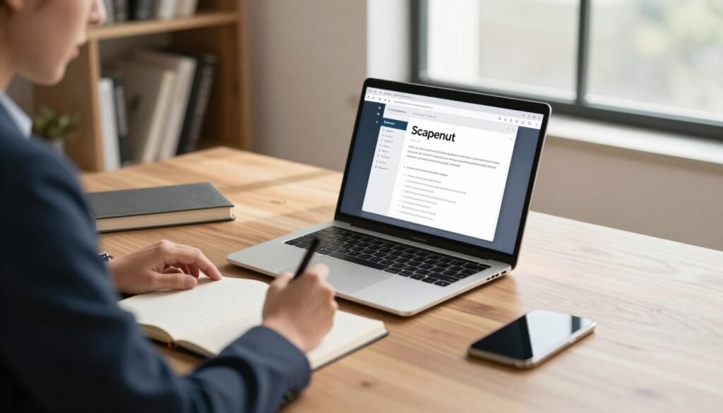 A modern workspace featuring a laptop displaying the Scalenut interface, positioned on a sleek wooden desk. In the foreground, a person in professional attire (a smart blazer and shirt) is focused on writing a blog post, jotting notes in a notebook. The middle background shows a bookshelf filled with reference books on content writing and digital marketing. Soft, natural lighting filters through a large window, casting gentle shadows across the room. The overall atmosphere is one of productivity and creativity, with a warm and inviting color palette. The angle is slightly elevated, providing a comprehensive view of the workspace while keeping the focus on the writing process.