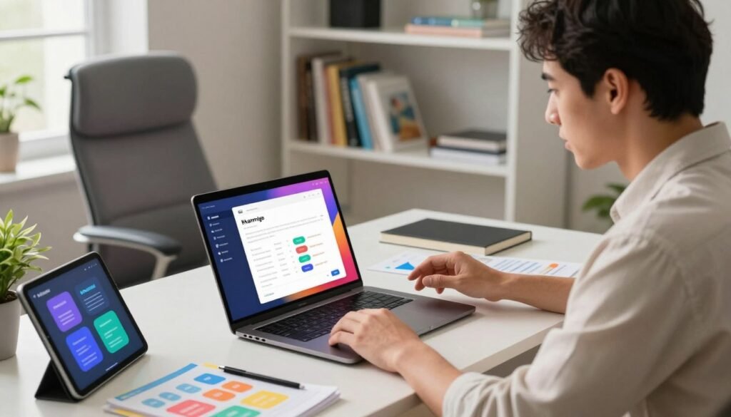 A modern workspace featuring a sleek laptop displaying the Khanmigo interface, surrounded by colorful educational materials and a digital tablet with interactive features visible. In the foreground, a professional dressed in smart casual attire examines the laptop, with an expression of curiosity and engagement. The middle layer includes a plush, ergonomic chair and a tidy desk with a plant, creating a warm, welcoming atmosphere. Soft, natural light filters in from a nearby window, highlighting the screen’s vibrant colors and the user’s thoughtful demeanor. The mood is one of productivity and innovation, suggesting a thorough evaluation of Khanmigo's features for 2026. The background shows a bookshelf with tech and education-related titles, enhancing the context without distraction.