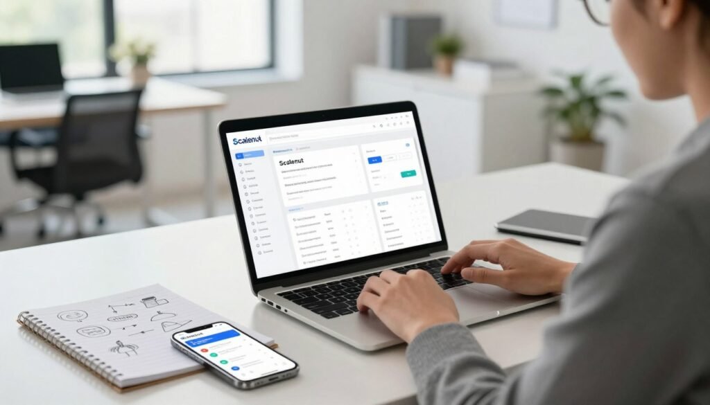 A modern workspace featuring a sleek laptop displaying the Scalenut interface, with an attractive user dashboard filled with content creation tools. In the foreground, a focused professional in business attire is seated at a stylish desk, interacting with the laptop, illustrating the process of using Scalenut. The middle ground includes a notepad with sketches and notes about content strategies, a smartphone beside it displaying an overview of Scalenut on the screen. The background reveals a bright, well-lit office setting with minimalist décor, large windows allowing natural light to pour in, creating a motivating atmosphere. Soft bokeh effects enhance the depth, emphasizing the professional setting while keeping the focus on the task at hand.