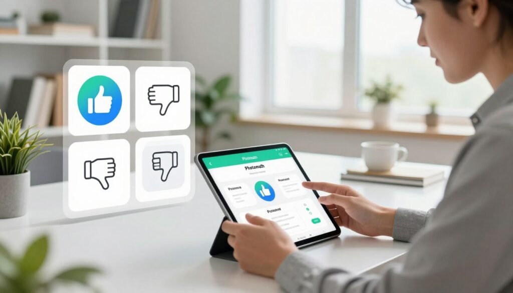 A modern workspace scene showcasing the pros and cons of using Photomath. In the foreground, a professional-looking individual, dressed in smart casual attire, is intently using a tablet or smartphone displaying the Photomath app interface. Their focused expression highlights the app's usability. In the middle ground, several chart-like graphics with icons representing pros and cons, such as a thumbs-up and thumbs-down, are visually contrasted against a sleek, high-tech desk. In the background, there are soft, natural light coming through a large window, illuminating the room filled with minimalist decor, plants, and organized bookshelves. The atmosphere is one of productivity and clarity, emphasizing a balance of advantages and disadvantages of the app experience, all while staying visually appealing and professional.