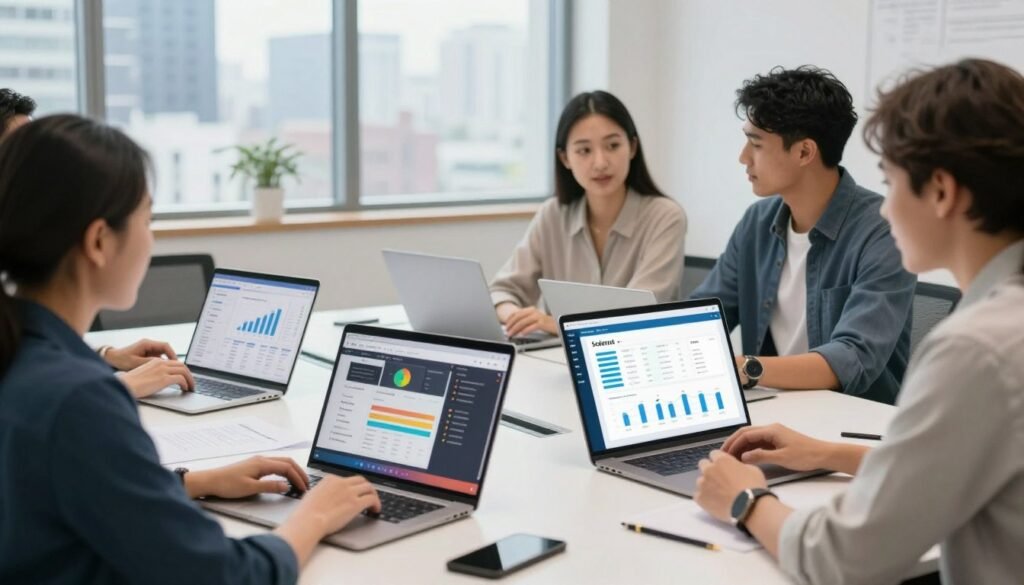 A modern workspace scene showcasing various alternatives to Scalenut in a dynamic and professional setting. In the foreground, a diverse group of three individuals—one woman and two men—are engaged in a collaborative discussion, surrounded by digital devices displaying various content creation tools and analytics. The middle ground features a sleek conference table with laptops open to graphs and digital platforms, reflecting innovative software interfaces. The background includes a large window with natural light pouring in, illuminating a city skyline, creating a vibrant and inspiring atmosphere. The overall mood is one of collaboration and creativity, emphasizing the importance of exploring alternatives in content generation. The image should be brightly lit with a soft focus on the background for clarity, capturing the essence of teamwork and modern technology.