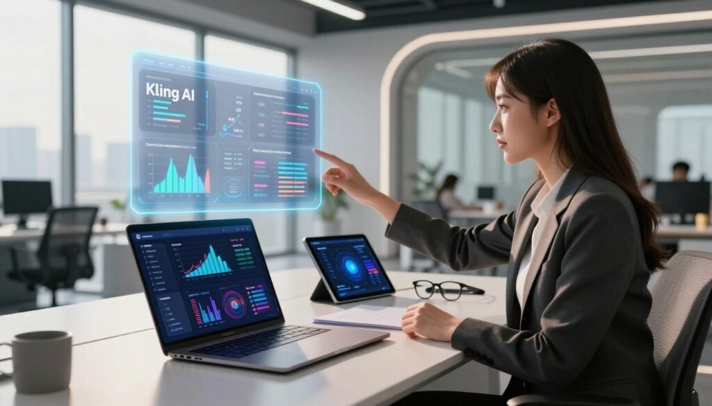 A modern workspace showcasing the features of AI software, specifically representing "Kling AI." In the foreground, a sleek laptop displays a vibrant interface filled with graphs and AI data visualizations. To the side, a professionally dressed individual, a young woman in smart business attire, analyzes data on a transparent screen projected above the laptop. In the middle ground, high-tech gadgets and devices, such as a tablet and smart glasses, are positioned on a stylish desk. The background features a futuristic office with large windows, letting in natural light that creates a warm, inviting atmosphere. Soft shadows enhance the depth, and a subtle glow highlights the AI software's key features, conveying innovation and professionalism. The overall mood is dynamic and cutting-edge.