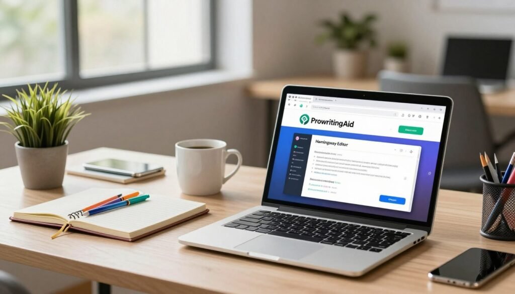 A modern workspace showcasing various Grammarly alternatives. In the foreground, a sleek laptop is open, displaying different writing assistance tools like ProWritingAid and Hemingway Editor, with vibrant, user-friendly interfaces. Next to the laptop, a stylish notebook and a colorful array of pens emphasize creativity. The middle layer features a well-organized desk with a potted plant, a coffee mug, and an elegant smartphone, highlighting productivity. In the background, soft focus shows a cozy office environment with a large window letting in natural light, creating a warm and inviting atmosphere. The scene conveys a sense of professionalism and modernity, perfect for enhancing discussions about writing tools. The lighting is bright yet soft, creating an uplifting mood, ideal for exploring alternatives to Grammarly. A modern workspace showcasing various Grammarly alternatives. In the foreground, a sleek laptop is open, displaying different writing assistance tools like ProWritingAid and Hemingway Editor, with vibrant, user-friendly interfaces. Next to the laptop, a stylish notebook and a colorful array of pens emphasize creativity. The middle layer features a well-organized desk with a potted plant, a coffee mug, and an elegant smartphone, highlighting productivity. In the background, soft focus shows a cozy office environment with a large window letting in natural light, creating a warm and inviting atmosphere. The scene conveys a sense of professionalism and modernity, perfect for enhancing discussions about writing tools. The lighting is bright yet soft, creating an uplifting mood, ideal for exploring alternatives to Grammarly.