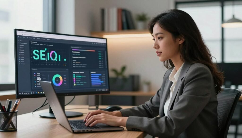 A professional SEO writer interacting with an advanced AI tool in a sleek, modern office environment. In the foreground, show the writer, a diverse woman in her 30s, wearing smart business attire, intently typing on her laptop. Her expression reflects concentration and creativity. In the middle ground, display a large monitor showcasing colorful analytics and SEO keywords, emphasizing the features of Scalenut AI. In the background, include minimalistic shelves with books about digital marketing and SEO strategies, softly illuminated by warm, natural light filtering through a large window. The atmosphere is focused and innovative, capturing the essence of modern content creation. A professional SEO writer interacting with an advanced AI tool in a sleek, modern office environment. In the foreground, show the writer, a diverse woman in her 30s, wearing smart business attire, intently typing on her laptop. Her expression reflects concentration and creativity. In the middle ground, display a large monitor showcasing colorful analytics and SEO keywords, emphasizing the features of Scalenut AI. In the background, include minimalistic shelves with books about digital marketing and SEO strategies, softly illuminated by warm, natural light filtering through a large window. The atmosphere is focused and innovative, capturing the essence of modern content creation.