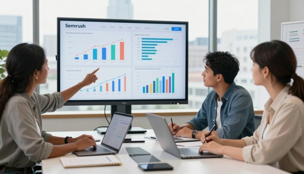 A professional business setting showcasing a diverse group of individuals engaged in a discussion around a large digital screen displaying various graphs and SEO analytics related to Semrush. The foreground features three individuals in modest casual clothing: a Black woman pointing at a data chart, a Hispanic man taking notes, and a Caucasian woman analyzing statistics on a laptop. In the middle ground, a sleek modern conference table is visible, cluttered with digital devices and marketing materials. The background subtly displays a city skyline through large windows, with bright natural light flooding the room, creating a productive atmosphere. The overall mood is collaborative and analytical, emphasizing strategic thinking and decision-making in digital marketing. No text or logos are present in the image.