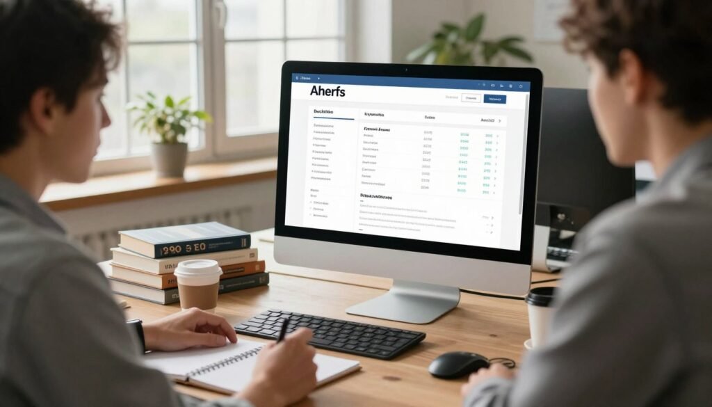 A professional digital marketing workspace featuring a computer screen displaying the Ahrefs dashboard, showcasing key metrics like backlinks, keywords, and site audits. In the foreground, a focused individual in smart casual attire is analyzing data, with a notepad and pen nearby for taking notes. The middle of the scene includes a desk cluttered with SEO books and a coffee cup, giving a lived-in, productive atmosphere. The background reveals a bright office space with large windows allowing natural light to pour in, and green plants adding a touch of life. The lighting is warm and inviting, creating a motivational mood that inspires productivity and learning. The scene captures the essence of using Ahrefs effectively in a professional setting. A professional digital marketing workspace featuring a computer screen displaying the Ahrefs dashboard, showcasing key metrics like backlinks, keywords, and site audits. In the foreground, a focused individual in smart casual attire is analyzing data, with a notepad and pen nearby for taking notes. The middle of the scene includes a desk cluttered with SEO books and a coffee cup, giving a lived-in, productive atmosphere. The background reveals a bright office space with large windows allowing natural light to pour in, and green plants adding a touch of life. The lighting is warm and inviting, creating a motivational mood that inspires productivity and learning. The scene captures the essence of using Ahrefs effectively in a professional setting.