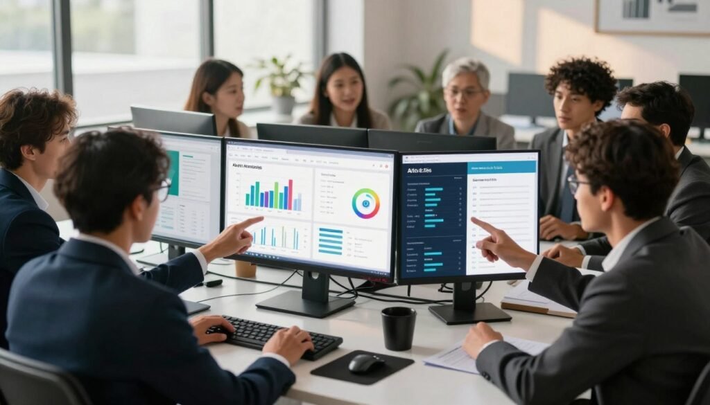 A professional office environment featuring a sleek, modern desk with multiple computer screens displaying vibrant analytics dashboards. In the foreground, a group of diverse professionals in business attire are engaged in a discussion, pointing at the screens and collaborating on SEO strategies. The middle ground shows charts and graphs representing various Ahrefs alternatives, with logos subtly integrated into the designs. The background is softly illuminated by natural light filtering through large windows, casting warm tones across the room. The mood is focused and energetic, showcasing teamwork and innovation in digital marketing. The camera angle is slightly elevated, capturing the collaborative atmosphere without intrusive elements. A professional office environment featuring a sleek, modern desk with multiple computer screens displaying vibrant analytics dashboards. In the foreground, a group of diverse professionals in business attire are engaged in a discussion, pointing at the screens and collaborating on SEO strategies. The middle ground shows charts and graphs representing various Ahrefs alternatives, with logos subtly integrated into the designs. The background is softly illuminated by natural light filtering through large windows, casting warm tones across the room. The mood is focused and energetic, showcasing teamwork and innovation in digital marketing. The camera angle is slightly elevated, capturing the collaborative atmosphere without intrusive elements.