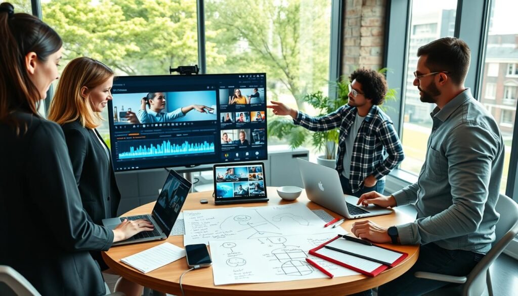 A professional video workflow scene depicting a diverse team of creators and marketing professionals collaborating in a modern office. In the foreground, a woman in business attire reviews a video editing timeline on a laptop, while a man in casual wear gestures towards a large screen displaying video analytics. In the middle, a round table covered with laptops, graphics tablets, and notepads shows brainstorming notes, along with a digital whiteboard illustrating a content strategy. The background features large windows letting in natural light, creating a bright and inspiring atmosphere. The mood is dynamic and collaborative, emphasizing teamwork and creativity in a high-tech environment. The image captures a sense of focus and determination, showcasing the intersection of creativity and marketing.