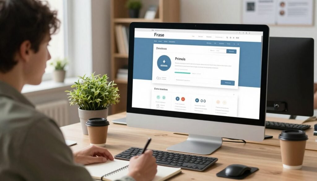 A professional workspace featuring a clean, modern desk setup with a large computer screen displaying the Frase website interface, showcasing its features and tools. In the foreground, a person in business casual attire focuses intently on the screen while taking notes on a notepad. The middle ground includes a potted plant and a coffee cup, adding a touch of warmth to the setting. The background consists of soft, blurred office elements such as shelves with books and a pinboard with user tips. Natural light streams in through a nearby window, creating a bright and inviting atmosphere, with a shallow depth of field that emphasizes the user and the Frase interface as the focal points of the image.